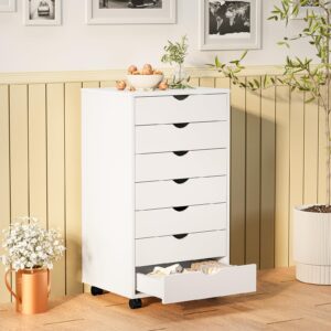 Sweetcrispy 7 Drawer Chest - Storage Cabinets Dressers Wood Dresser Cabinet with Wheels Mobile Organizer Drawers for Office, Home, White