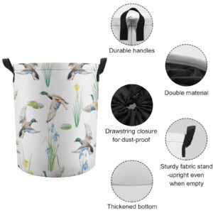 Flying Mallard Ducks Yellow and Blue Iris Lotus with Leaves on White Drawstring Collapsible Canvas Storage Basket, with Handles Foldable Storage Bin, Durable for Laundry Toys Clothes Bedroom Office