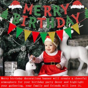 Christmas Birthday banner Merry Birthday Christmas Banner Decorations Red Green Glitter Christmas Xmas Tree Decorations Birthday Cake Toppers Decoration Baby Shower Vacation Holiday Party Decorations