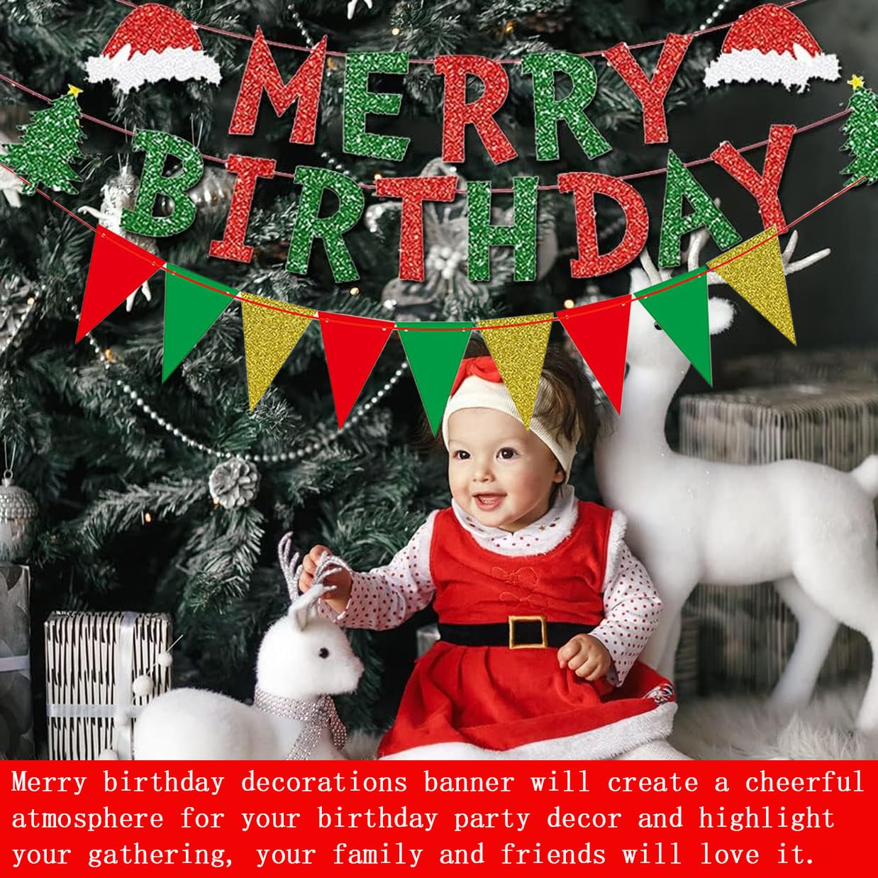 Christmas Birthday banner Merry Birthday Christmas Banner Decorations Red Green Glitter Christmas Xmas Tree Decorations Birthday Cake Toppers Decoration Baby Shower Vacation Holiday Party Decorations