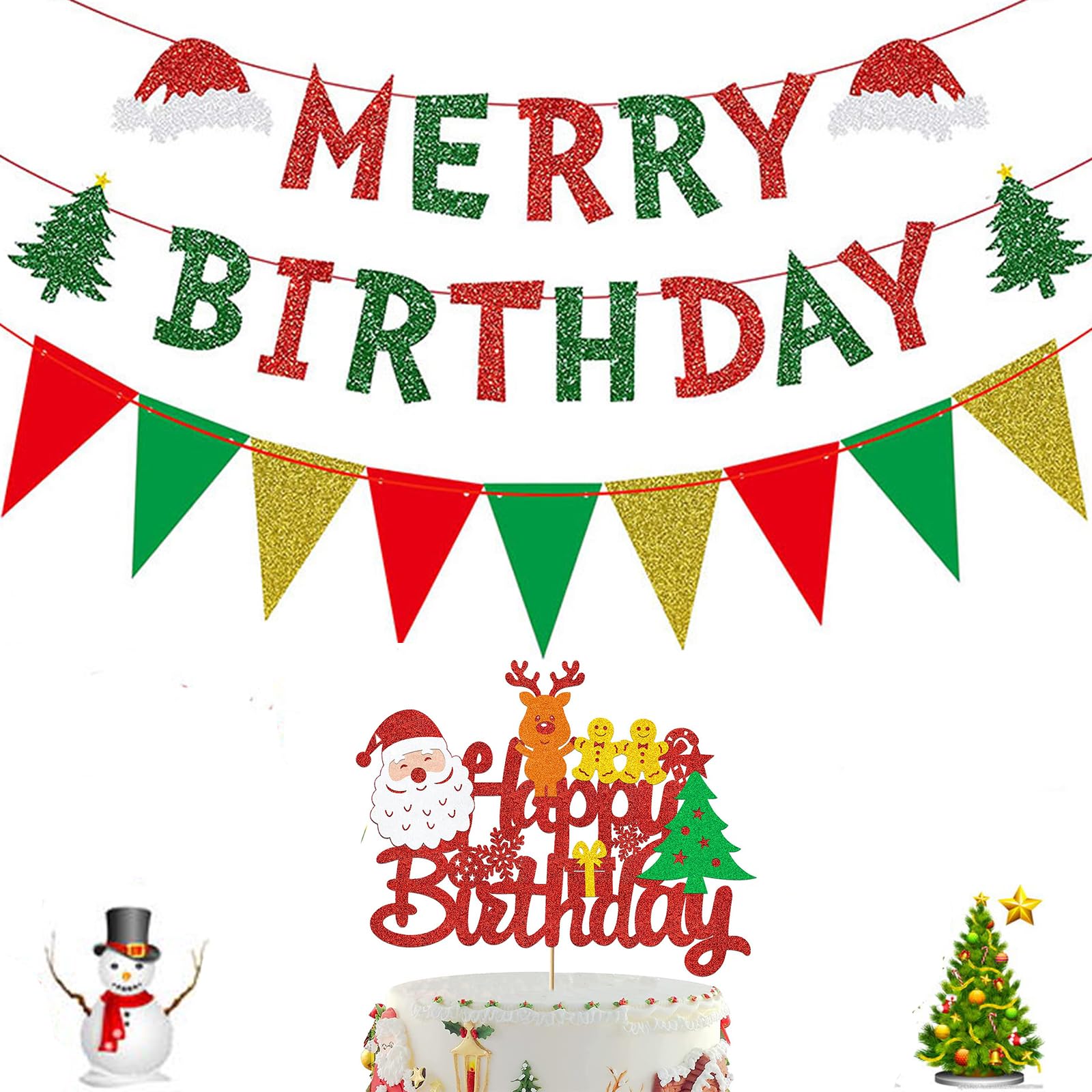 Christmas Birthday banner Merry Birthday Christmas Banner Decorations Red Green Glitter Christmas Xmas Tree Decorations Birthday Cake Toppers Decoration Baby Shower Vacation Holiday Party Decorations