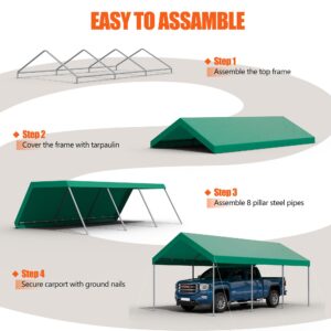 JAMFLY Carport 10 x 20 ft Heavy Duty Carport Car Canopy with Powder-Coated Steel Frame, Portable Garage for Car, Boat, Shelter Party Tent with 180g PE Tarp for Wedding Garden, Green