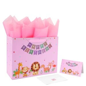 13" large pink gift bag set with greeting card and tissue papers (animal and happy birthday) for girls', or kids' party, baby showers, baby girls, newborn, new moms or parents- 13”x5.2”x10.2”, 1 pcs