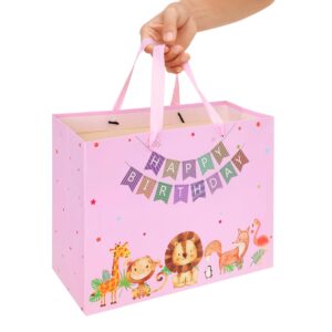 13" Large Pink Gift Bag Set with Greeting Card and Tissue Papers (Animal and Happy Birthday) for Girls', or Kids' Party, Baby Showers, Baby Girls, Newborn, New Moms or Parents- 13”x5.2”x10.2”, 1 Pcs