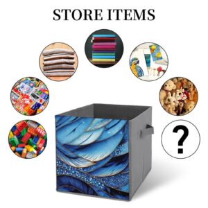 MEIKKO Blue Feathers Glitter Storage Cubes,Fabric Collapsible Storage Bins with Dual Handles, Foldable Cube Baskets for Shelf,Closet Organizers And Storage Box