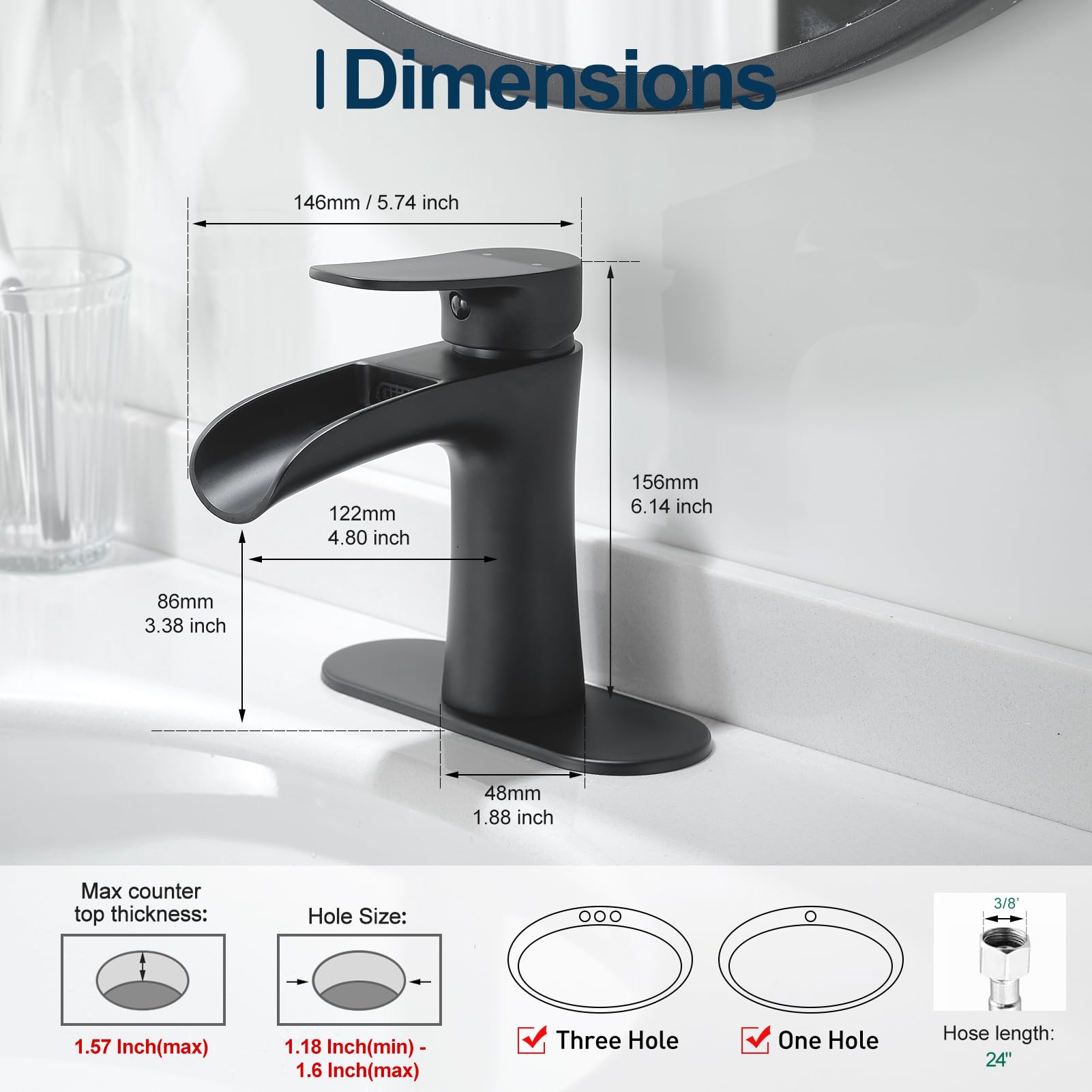 VOTON Black Bathroom Faucets Single Handle Waterfall Sink Faucet One Hole or Three Holes with Deck Mount Vanity Farmhouse RV Vessel Basin Faucet