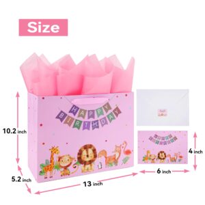 13" Large Pink Gift Bag Set with Greeting Card and Tissue Papers (Animal and Happy Birthday) for Girls', or Kids' Party, Baby Showers, Baby Girls, Newborn, New Moms or Parents- 13”x5.2”x10.2”, 1 Pcs