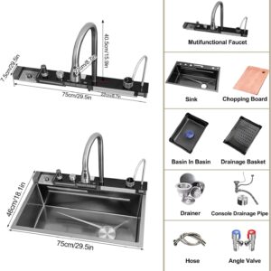 Digital Display Embossed Stainless Steel Nano Black Raindance Waterfall Drop In Sink with Pressurized Cup Washer and Two Waterfalls 29.5x18 INCH