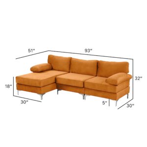 Casa Andrea Milano L-Shape Velvet Fabric Sectional Sofa Couch with Extra Wide Chaise, Couch for Living Room Apartment Lounge, Orange