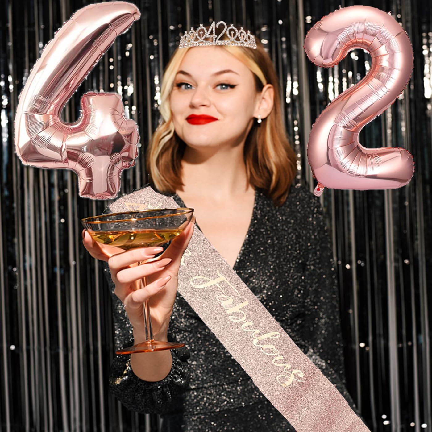 42nd Birthday Decorations for Her Women, Including 42 year old Birthday Cake Topper, Birthday Queen Sash with Pearl Pin, Sweet Rhinestone Tiara Crown, Number Candles and Balloons Set, Rose Gold