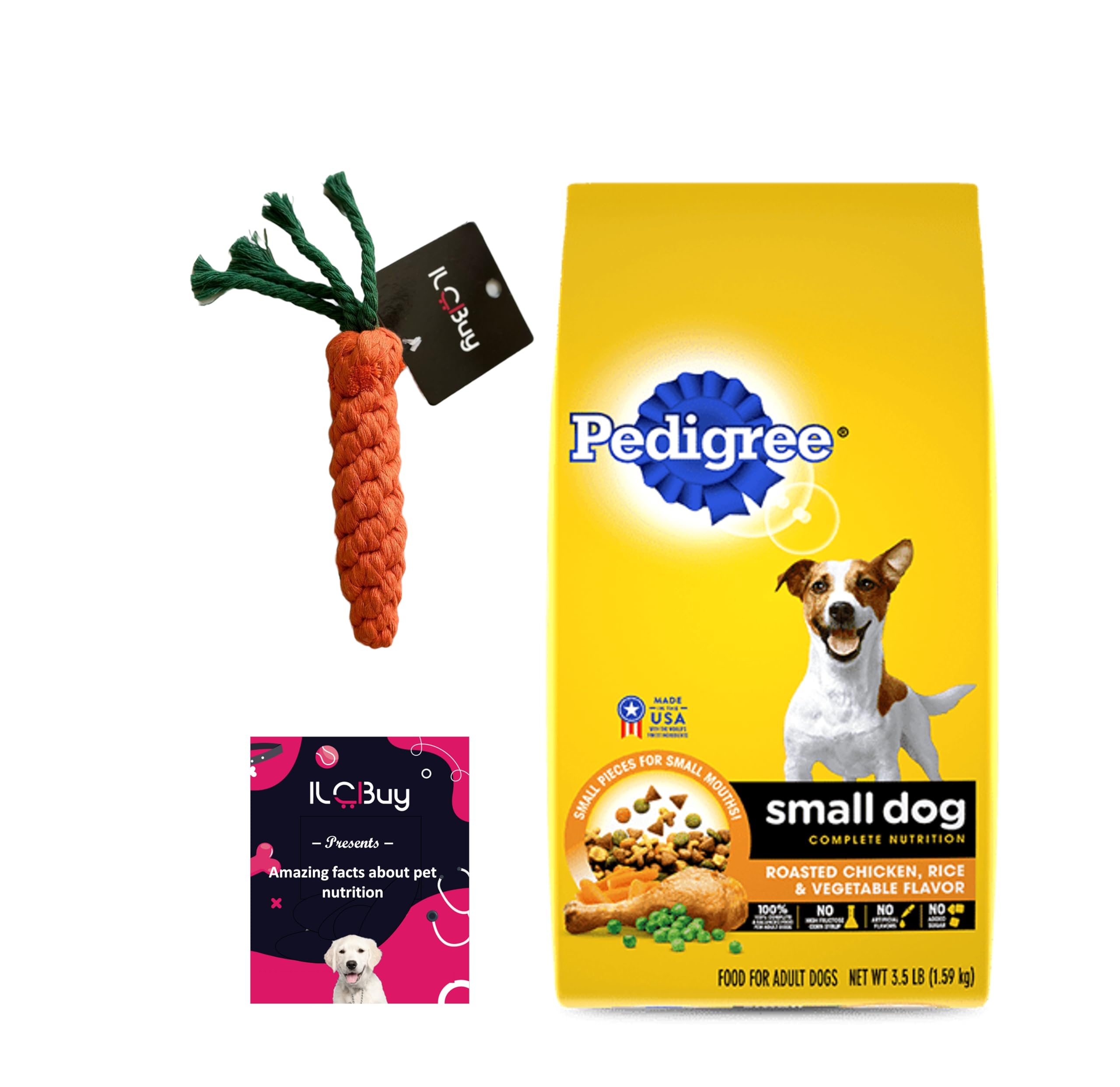 ILC Buy Small Dog Dry Food Bundle | Includes 1 Bag of Dry Adult Small Breed Chicken, Rice & Vegetables Flavor (3.5 LB)| Plus Carrot Dog Toy and a Booklet