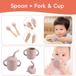 Silicone Baby Feeding Set, Baby Led Weaning Supplies, Suction Cup Separator Bowl, Two Spoons, Sippy Cup, Bib, Baby Tableware, Weaning Supplies For Babies 6+ Months(pink)