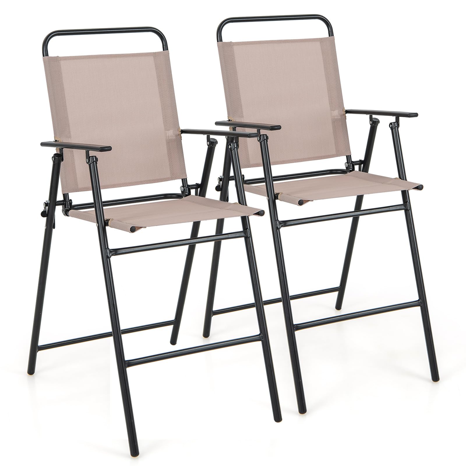 Tangkula Outdoor Folding Bar Stool Set of 2, Patio Dining Chairs w/Breathable Fabric & Metal Frame, Outdoor Bar-Height Stools w/Armrests, Portable Bar Chairs for Backyard Poolside Balcony (1)