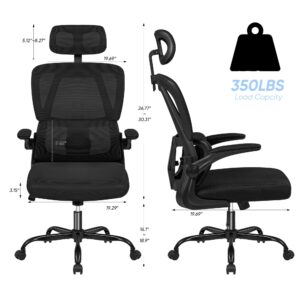 JUMMICO Ergonomic Office Chair, High Back Desk Chair with Adjustable Headrest and Flip-Up Arms, Mesh Computer Chair with Lumbar Support, Gaming Chair, Swivel Task Chair for Home Office, Black