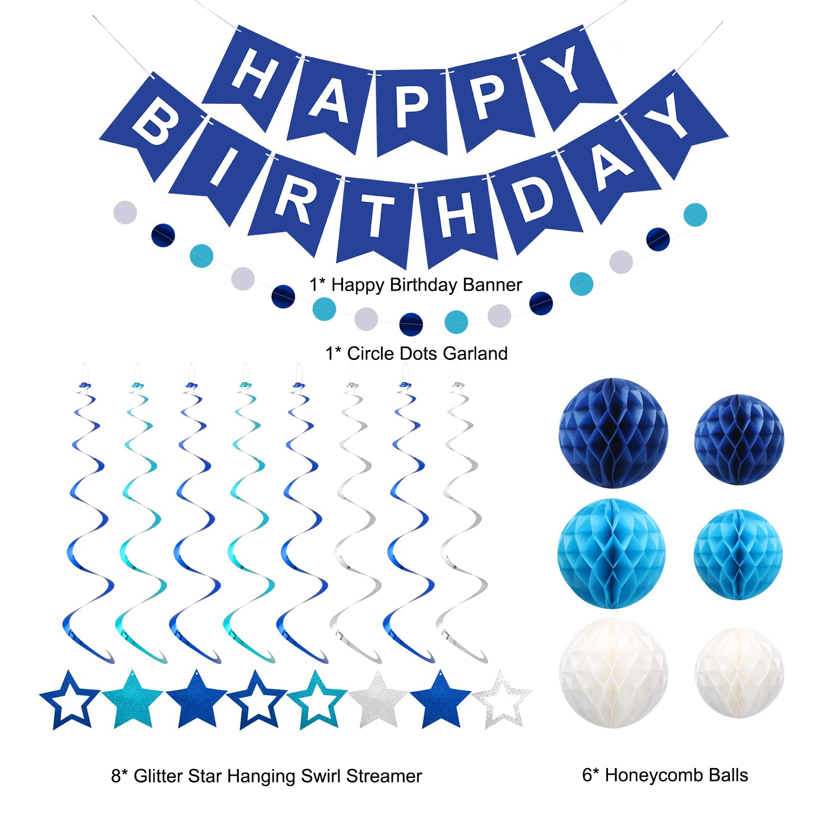 meowtastic Birthday Decorations, Happy Birthday Banner with Honeycomb Balls, Stars Hanging Swirl Streamers, Circle Dots Garland, Happy Birthday Party Decorations for Women Men Boys Girls (Blue)