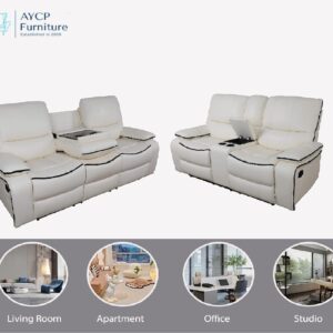 AYCP Manual Reclining Living Room Furniture,Bonded Leather Sofa w/Drop-Down Console, Loveseat w/Storage Console for Living Room/House/Bedroom/Office/Apartment (Ivory White, Sofa+Loveseat)