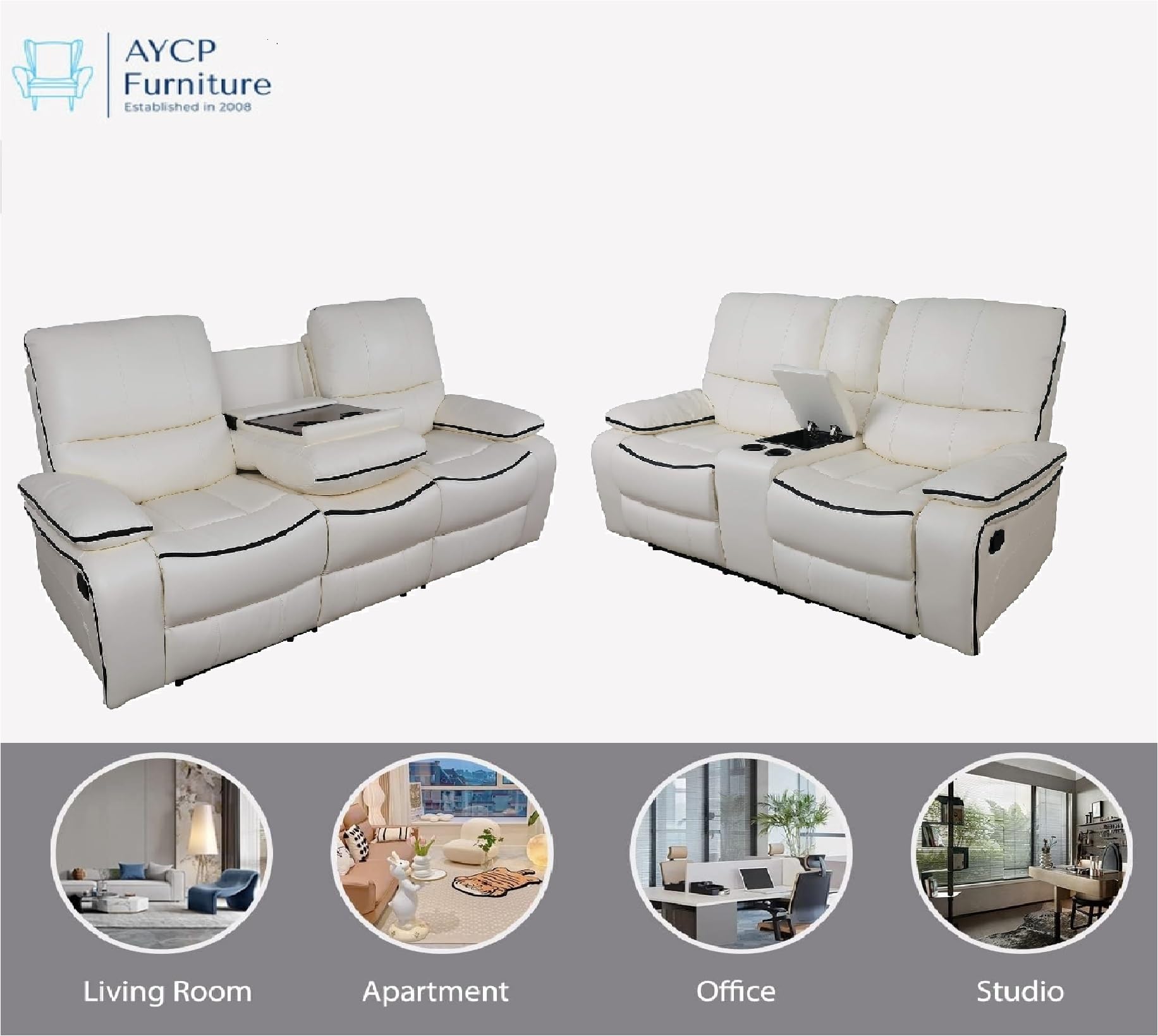 AYCP Manual Reclining Living Room Furniture,Bonded Leather Sofa w/Drop-Down Console, Loveseat w/Storage Console for Living Room/House/Bedroom/Office/Apartment (Ivory White, Sofa+Loveseat)