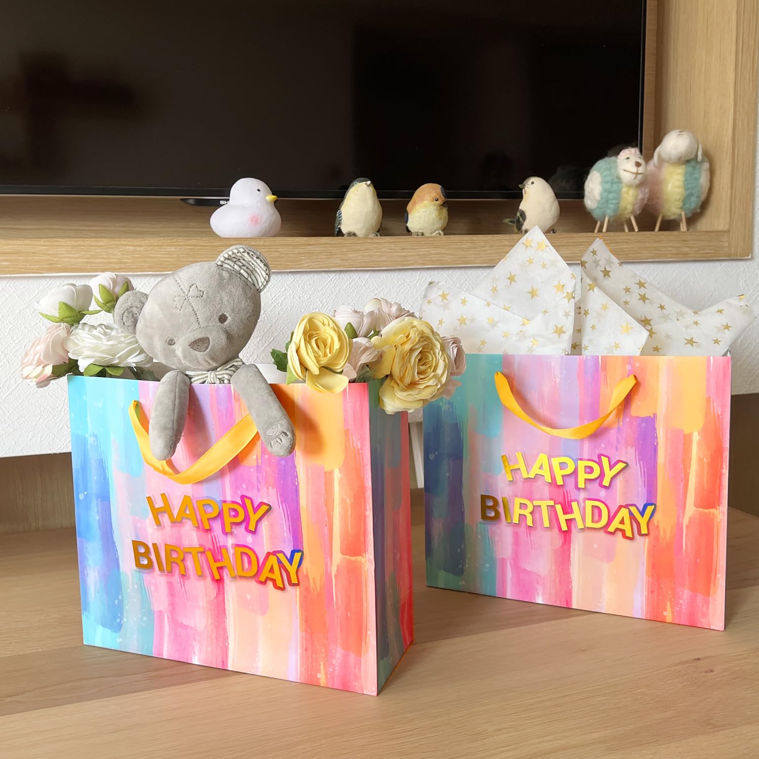 AMROSE 13'' Large Birthday Gift Bags with Card and Tissue Paper, Recyclable Paper Gift Bag for Birthdays and More, Macaron