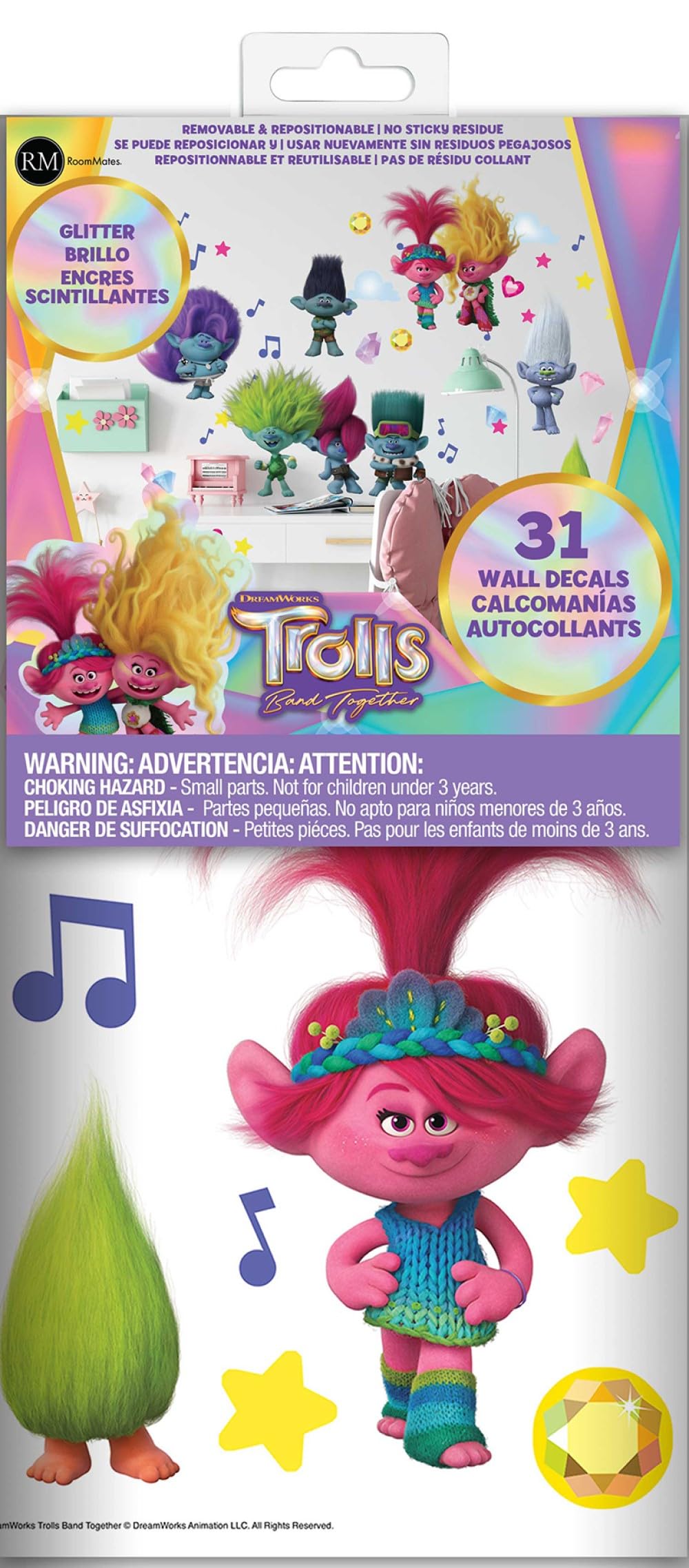 DreamWorks Trolls 3 Band Together with Glitter Wall Decal by RoomMates, RMK5435SCS