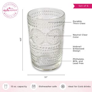 Kate Aspen Hobnail Beaded Floral Clear Drinking Glasses Set of 6, (13 oz) Vintage Glassware Set Cocktail Glass Set, Juice Glass, Water Cups | Great Hostess Gift & Gift for New Home Owners