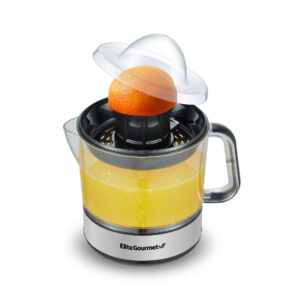 elite gourmet ets623 bpa-free electric citrus juicer, compact, large volume, pulp control, oranges, lemons, limes, grapefruits with easy pour spout, 24oz, black/stainless steel