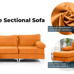 Casa Andrea Milano L-Shape Velvet Fabric Sectional Sofa Couch with Extra Wide Chaise, Couch for Living Room Apartment Lounge, Orange