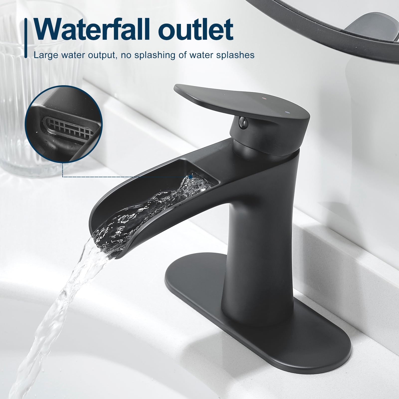 VOTON Black Bathroom Faucets Single Handle Waterfall Sink Faucet One Hole or Three Holes with Deck Mount Vanity Farmhouse RV Vessel Basin Faucet