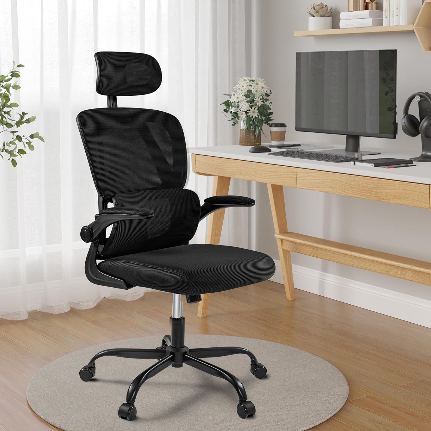 JUMMICO Ergonomic Office Chair, High Back Desk Chair with Adjustable Headrest and Flip-Up Arms, Mesh Computer Chair with Lumbar Support, Gaming Chair, Swivel Task Chair for Home Office, Black