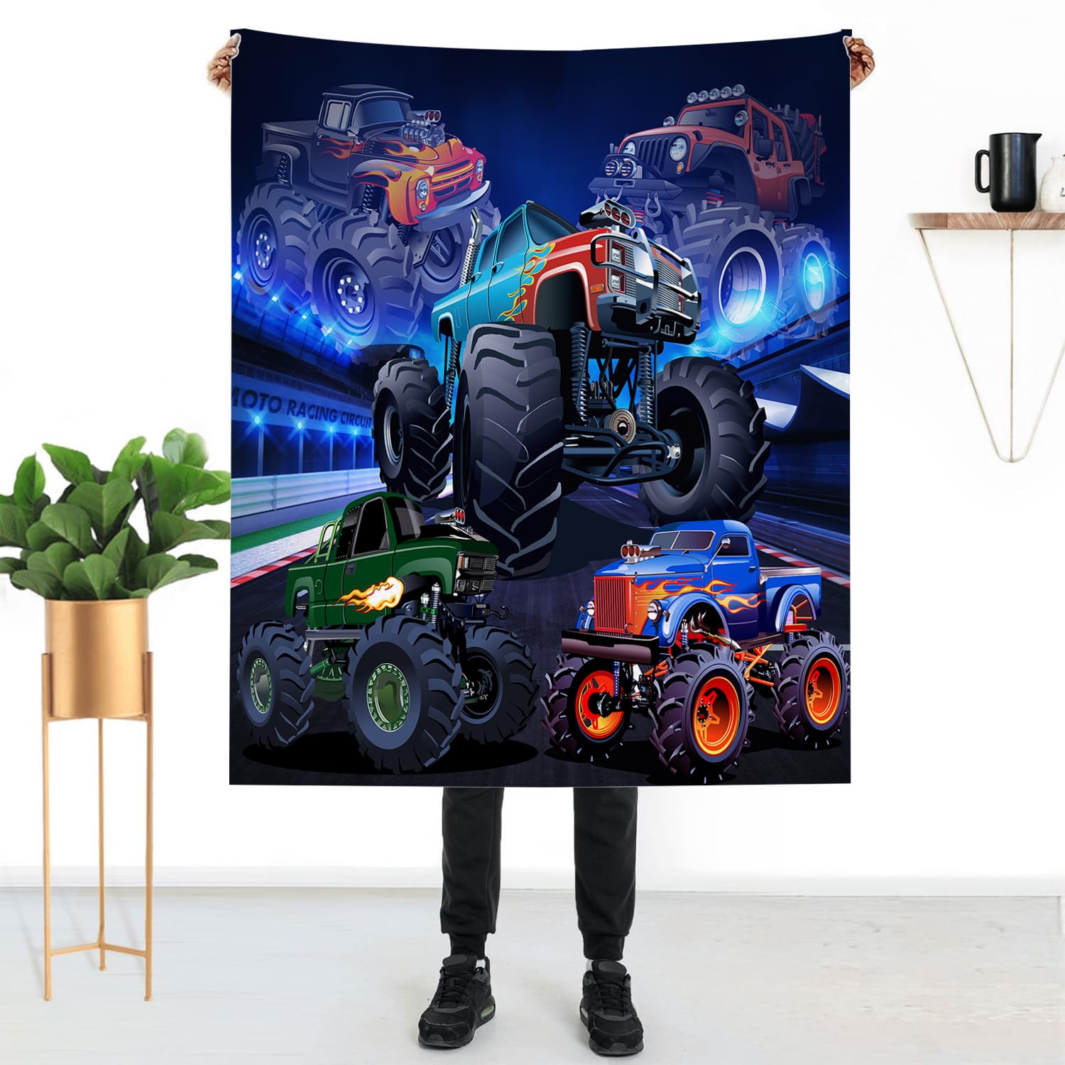 Monster Truck Blanket 40" x 50" 3D Fleet Racing Car Stadium Game Cool Blue Super Soft Bedding Fleece Throw Blanket Microfiber Flannel Blankets Couch Sofa Warm Lightweight for Boys Girls