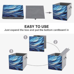 MEIKKO Blue Feathers Glitter Storage Cubes,Fabric Collapsible Storage Bins with Dual Handles, Foldable Cube Baskets for Shelf,Closet Organizers And Storage Box