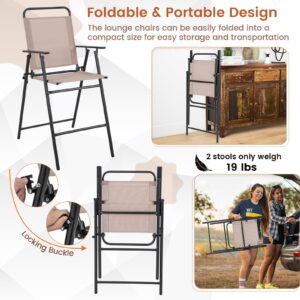 Tangkula Outdoor Folding Bar Stool Set of 2, Patio Dining Chairs w/Breathable Fabric & Metal Frame, Outdoor Bar-Height Stools w/Armrests, Portable Bar Chairs for Backyard Poolside Balcony (1)