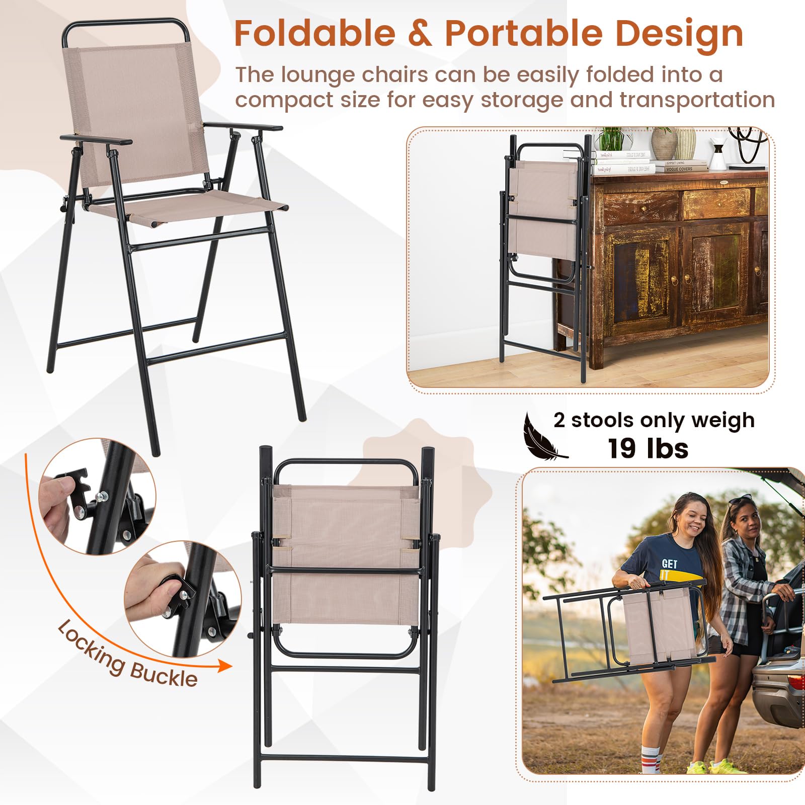 Tangkula Outdoor Folding Bar Stool Set of 2, Patio Dining Chairs w/Breathable Fabric & Metal Frame, Outdoor Bar-Height Stools w/Armrests, Portable Bar Chairs for Backyard Poolside Balcony (1)