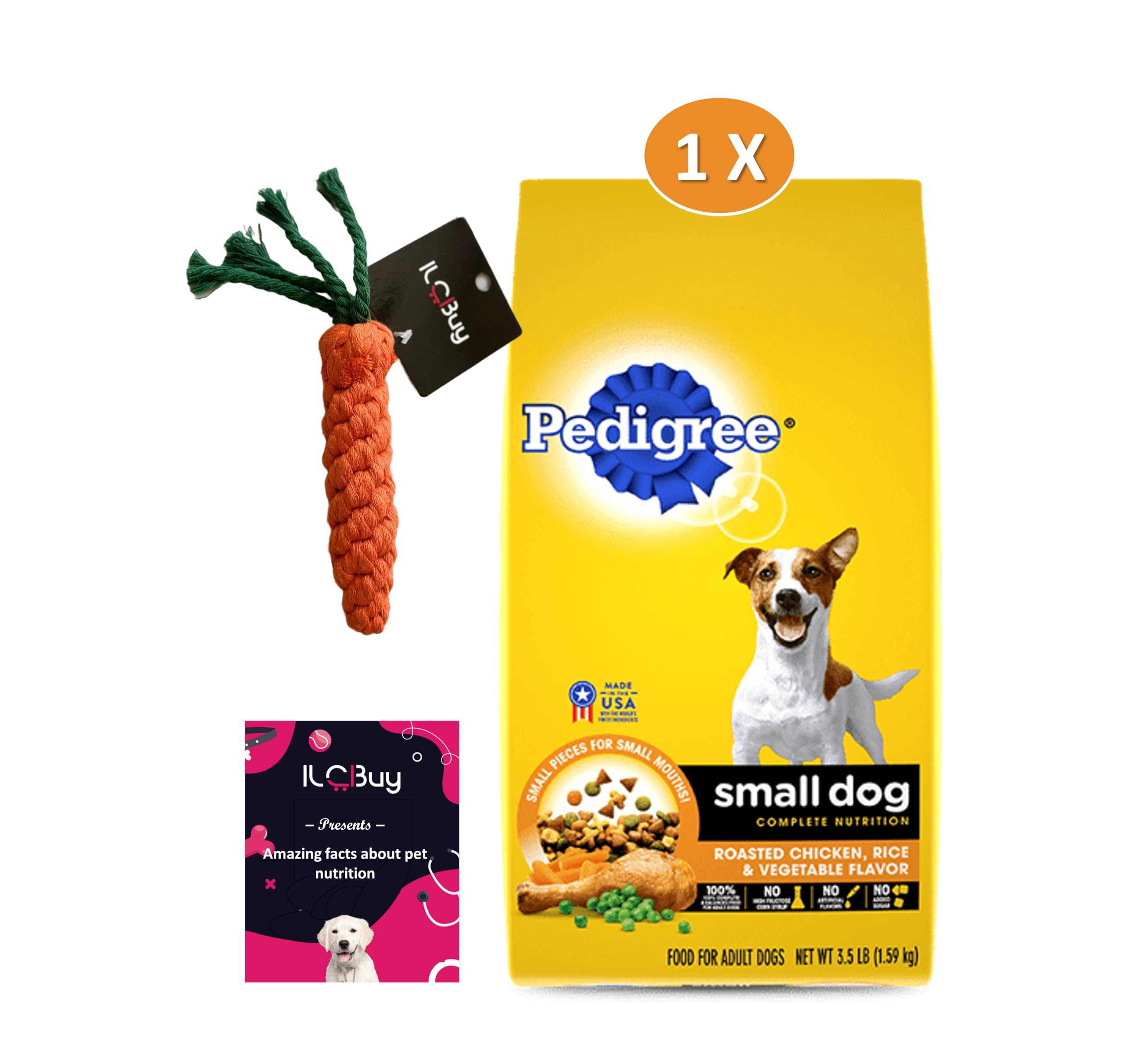 ILC Buy Small Dog Dry Food Bundle | Includes 1 Bag of Dry Adult Small Breed Chicken, Rice & Vegetables Flavor (3.5 LB)| Plus Carrot Dog Toy and a Booklet