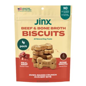 jinx oven-baked beef bone broth biscuit treats, crunchy, all natural, superfood-rich with real beef, pumpkin & blueberries, 16oz, 4 pack