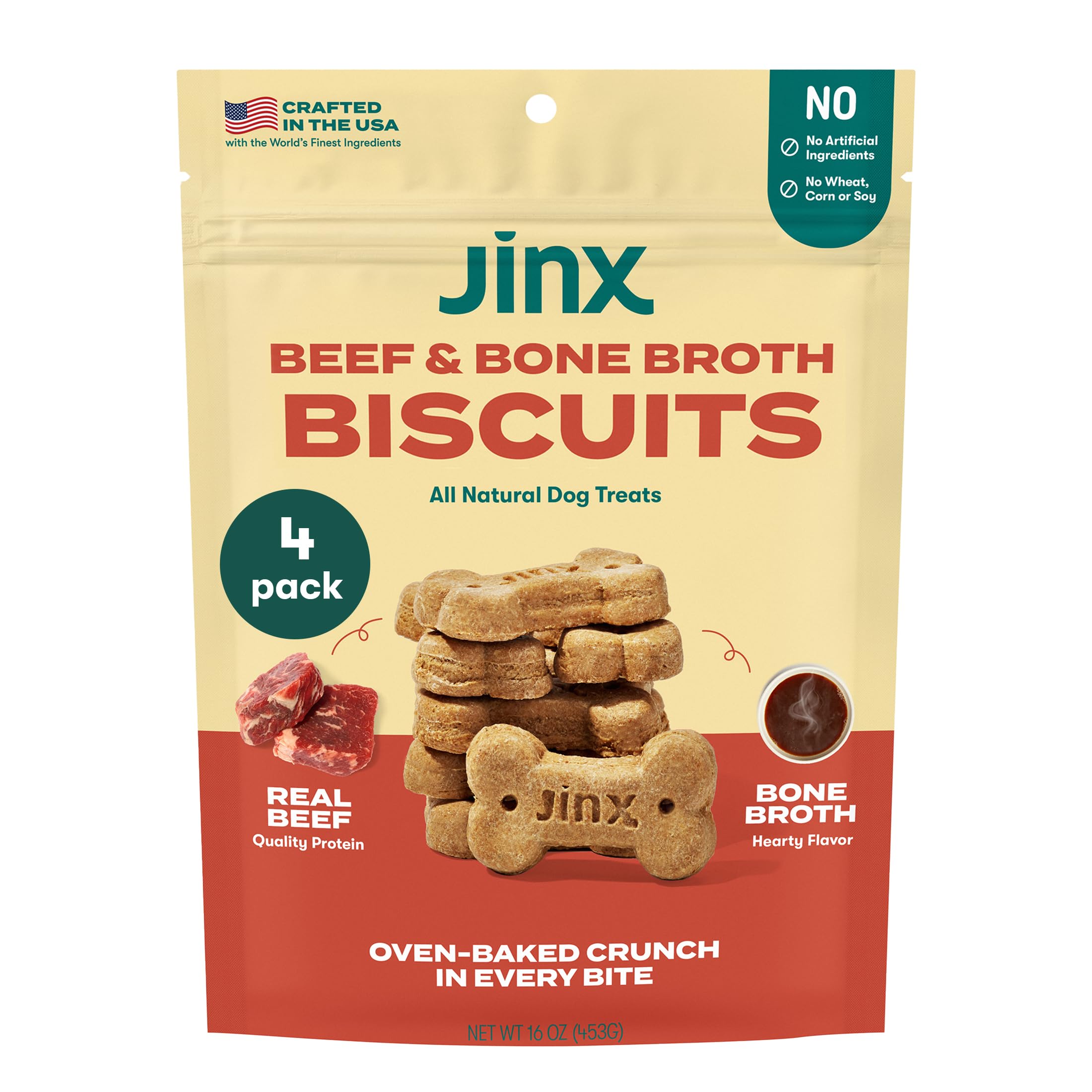 Jinx Oven-Baked Beef Bone Broth Biscuit Treats, Crunchy, All Natural, Superfood-Rich with Real Beef, Pumpkin & Blueberries, 16oz, 4 Pack