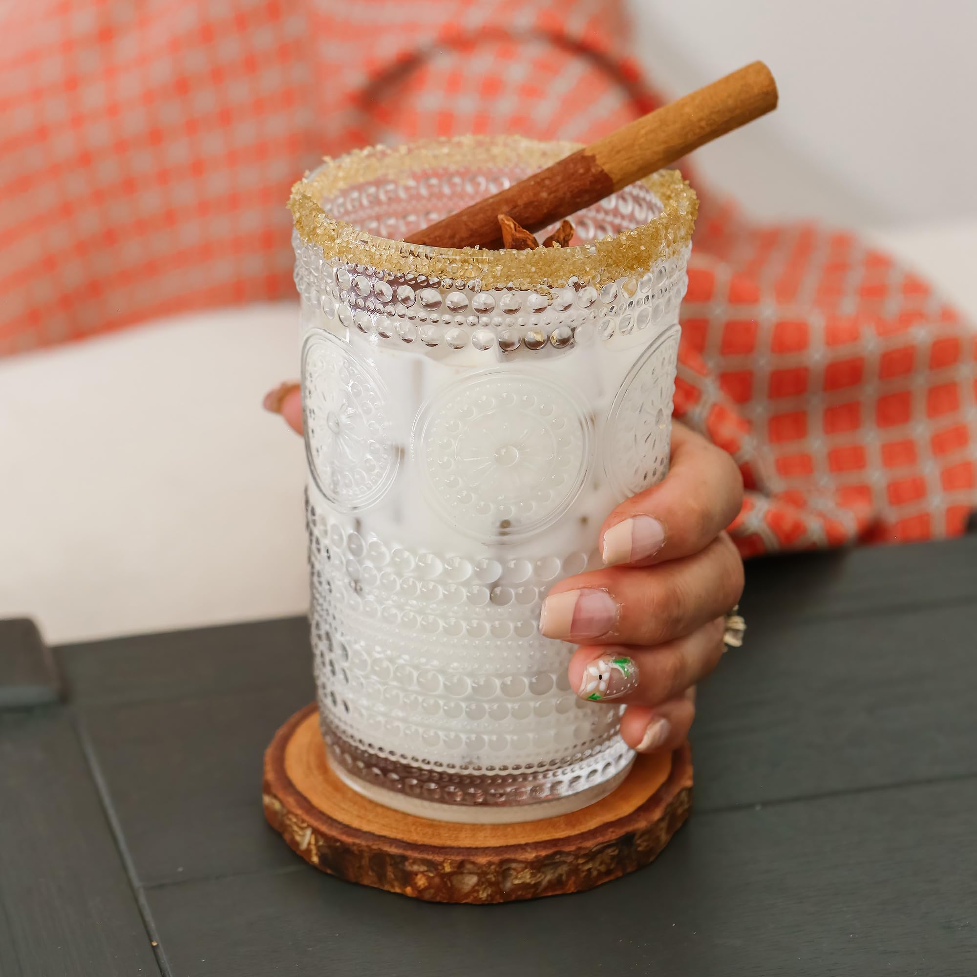 Kate Aspen Hobnail Beaded Floral Clear Drinking Glasses Set of 6, (13 oz) Vintage Glassware Set Cocktail Glass Set, Juice Glass, Water Cups | Great Hostess Gift & Gift for New Home Owners