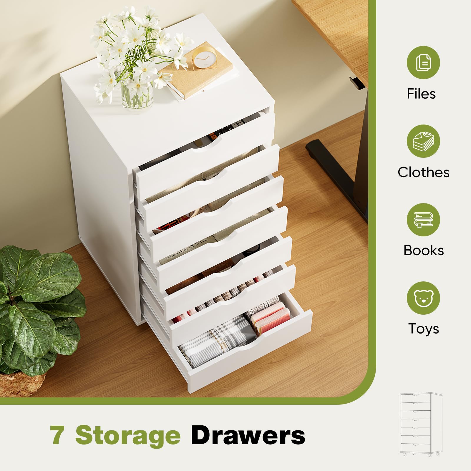 Sweetcrispy 7 Drawer Chest - Storage Cabinets Dressers Wood Dresser Cabinet with Wheels Mobile Organizer Drawers for Office, Home, White