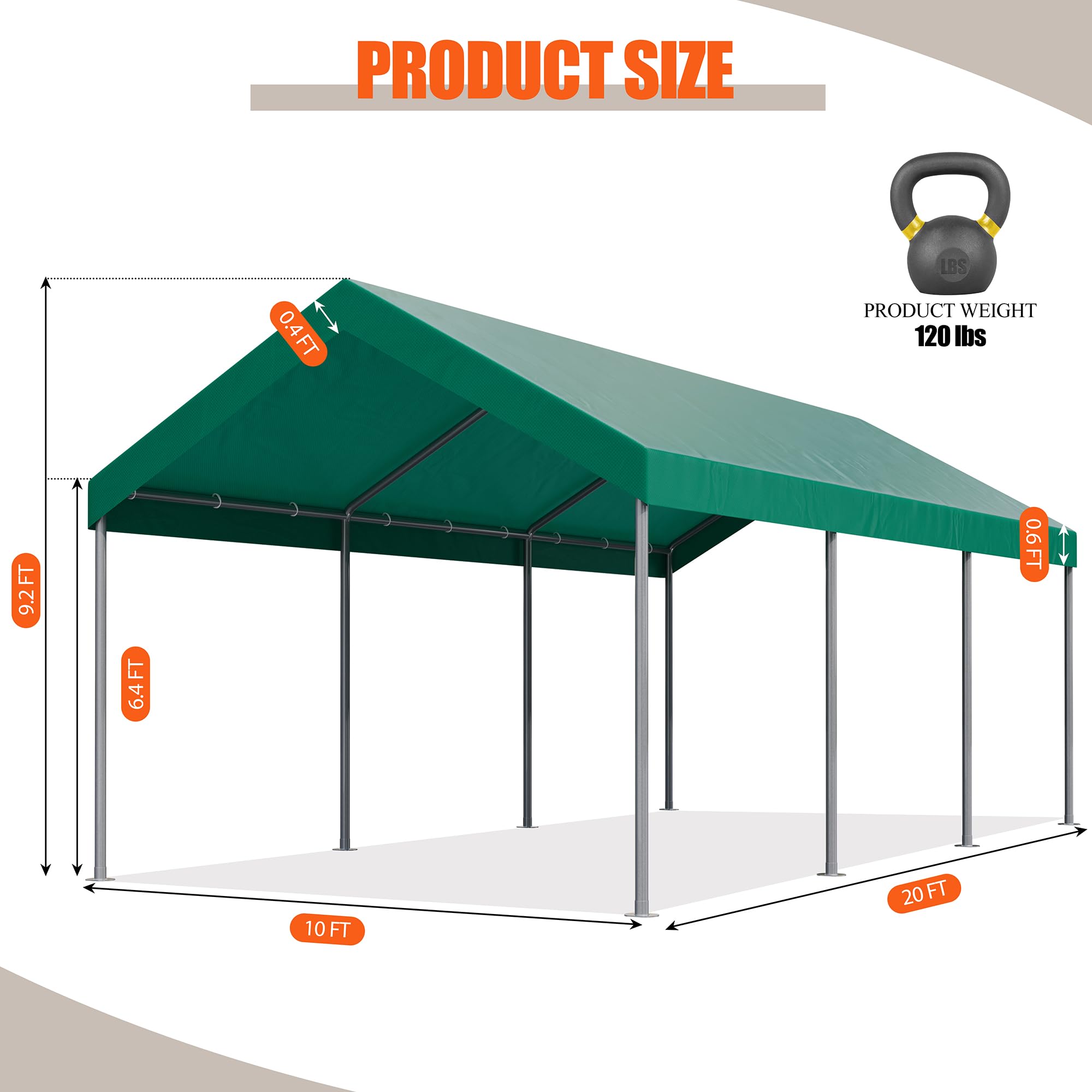 JAMFLY Carport 10 x 20 ft Heavy Duty Carport Car Canopy with Powder-Coated Steel Frame, Portable Garage for Car, Boat, Shelter Party Tent with 180g PE Tarp for Wedding Garden, Green