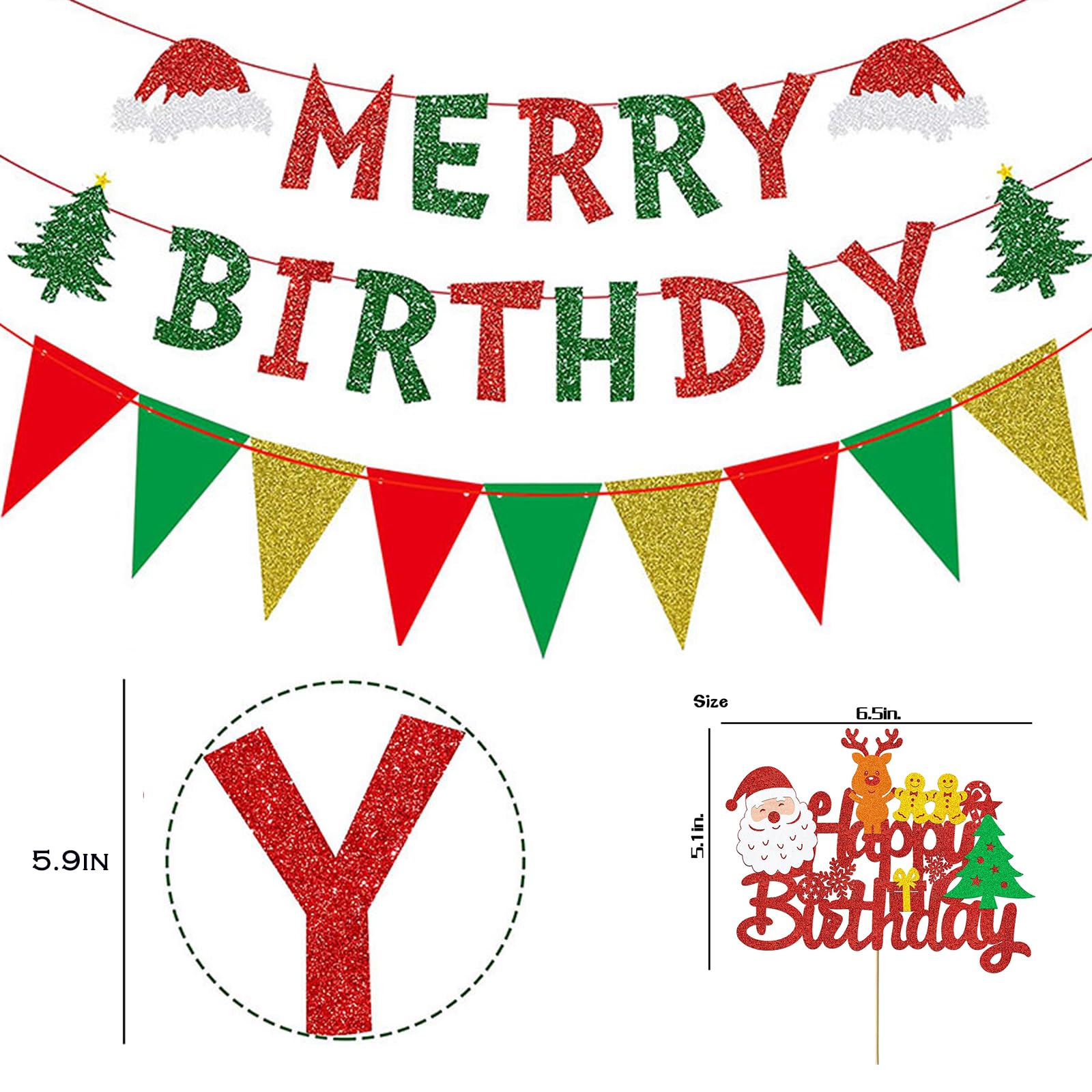 Christmas Birthday banner Merry Birthday Christmas Banner Decorations Red Green Glitter Christmas Xmas Tree Decorations Birthday Cake Toppers Decoration Baby Shower Vacation Holiday Party Decorations