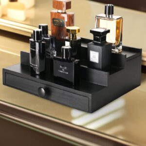 Black Wooden Cologne Organizer for Men - 3 Tier Wooden Perfume Display Stand with Drawer and Hidden Compartment for Organizing and Storing, Cologne Holder Shelf for Dresser