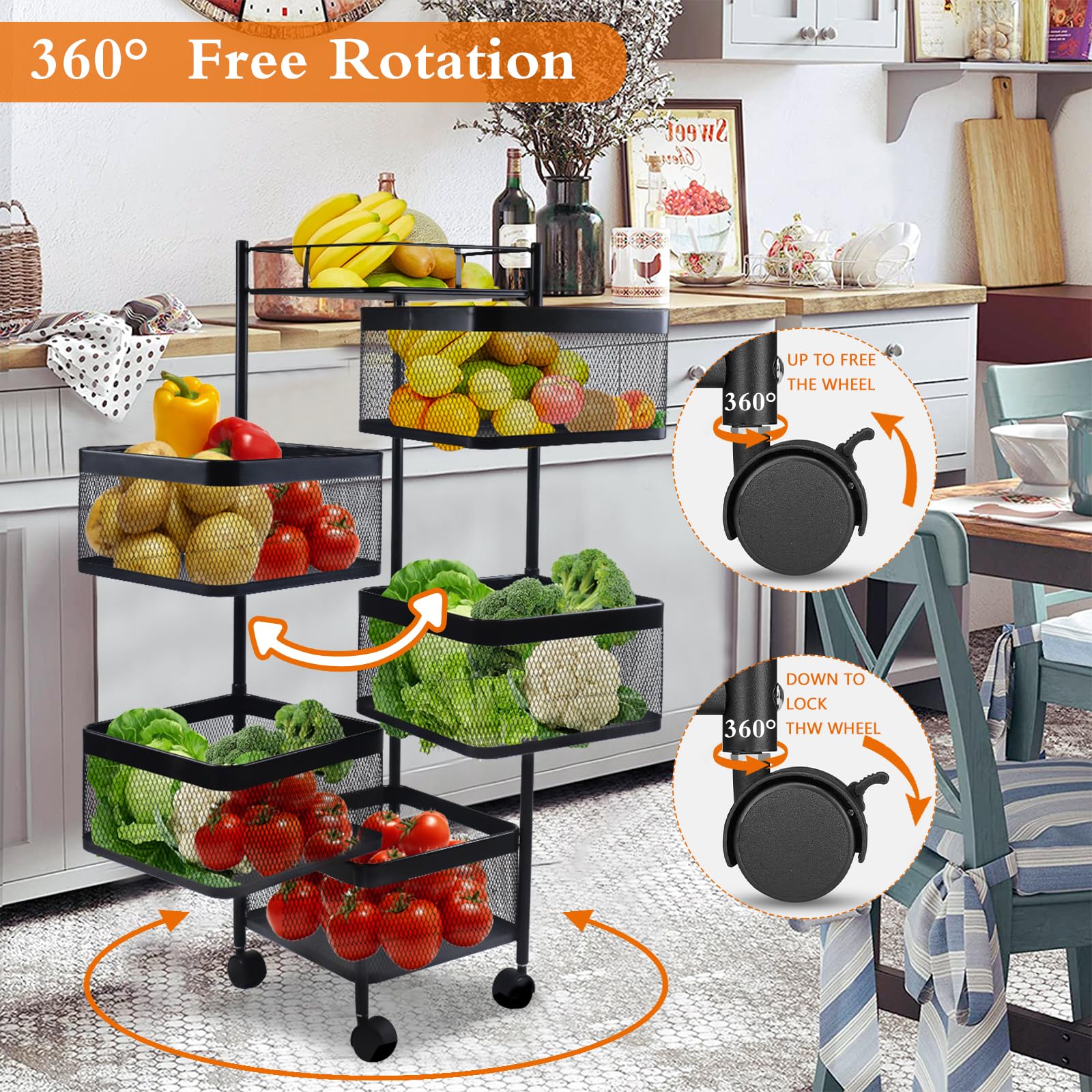 Black 5 Tier 360 Degree Rotating Metal Vegatable Storage Rack w/Swing Out Shelves