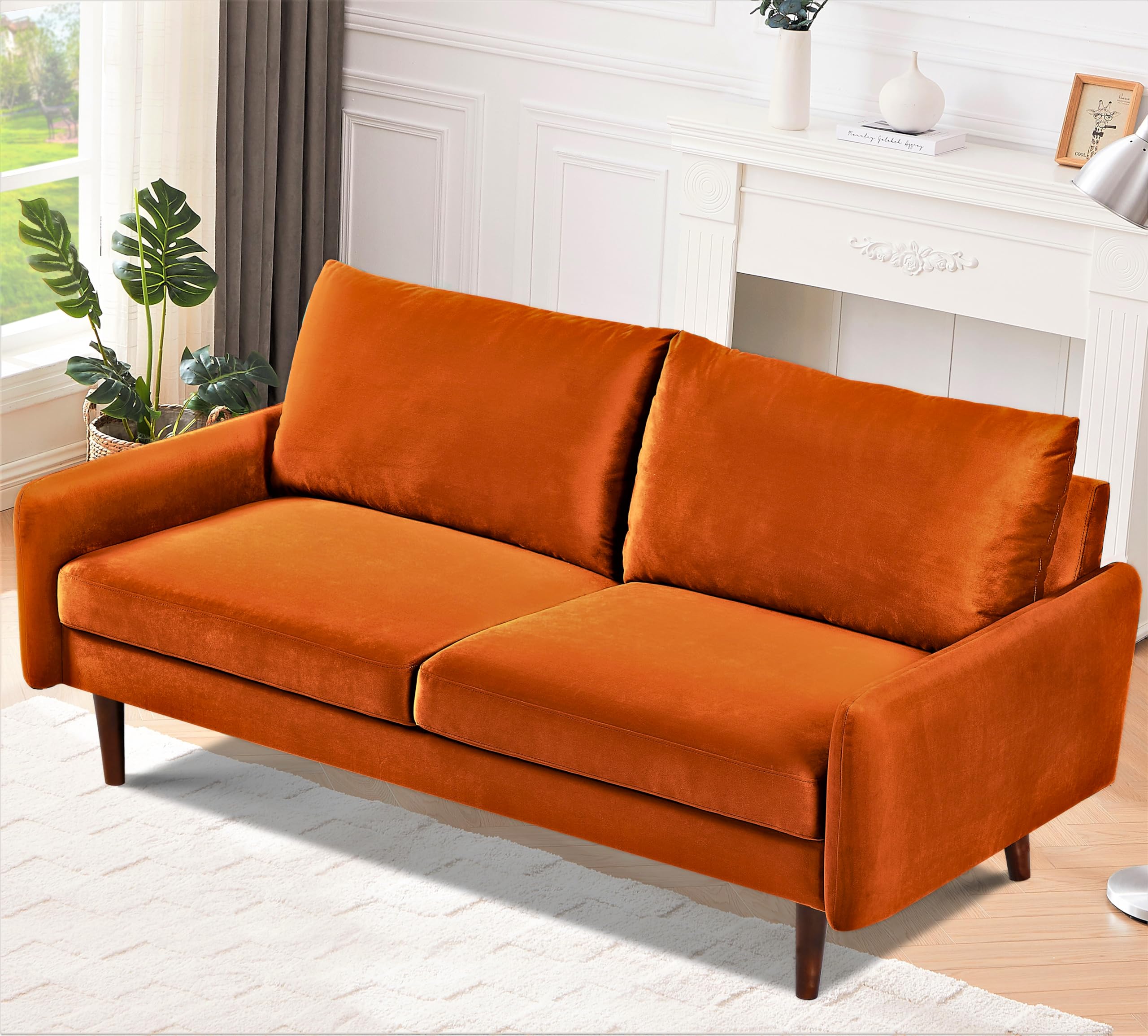 US Pride Furniture Kent Modern Velvet Sofa, Comfortable 3 Seater Couch for Living Rooms and Small Spaces, Ideal Studio Apartment Furniture with Sleek Design, Orange