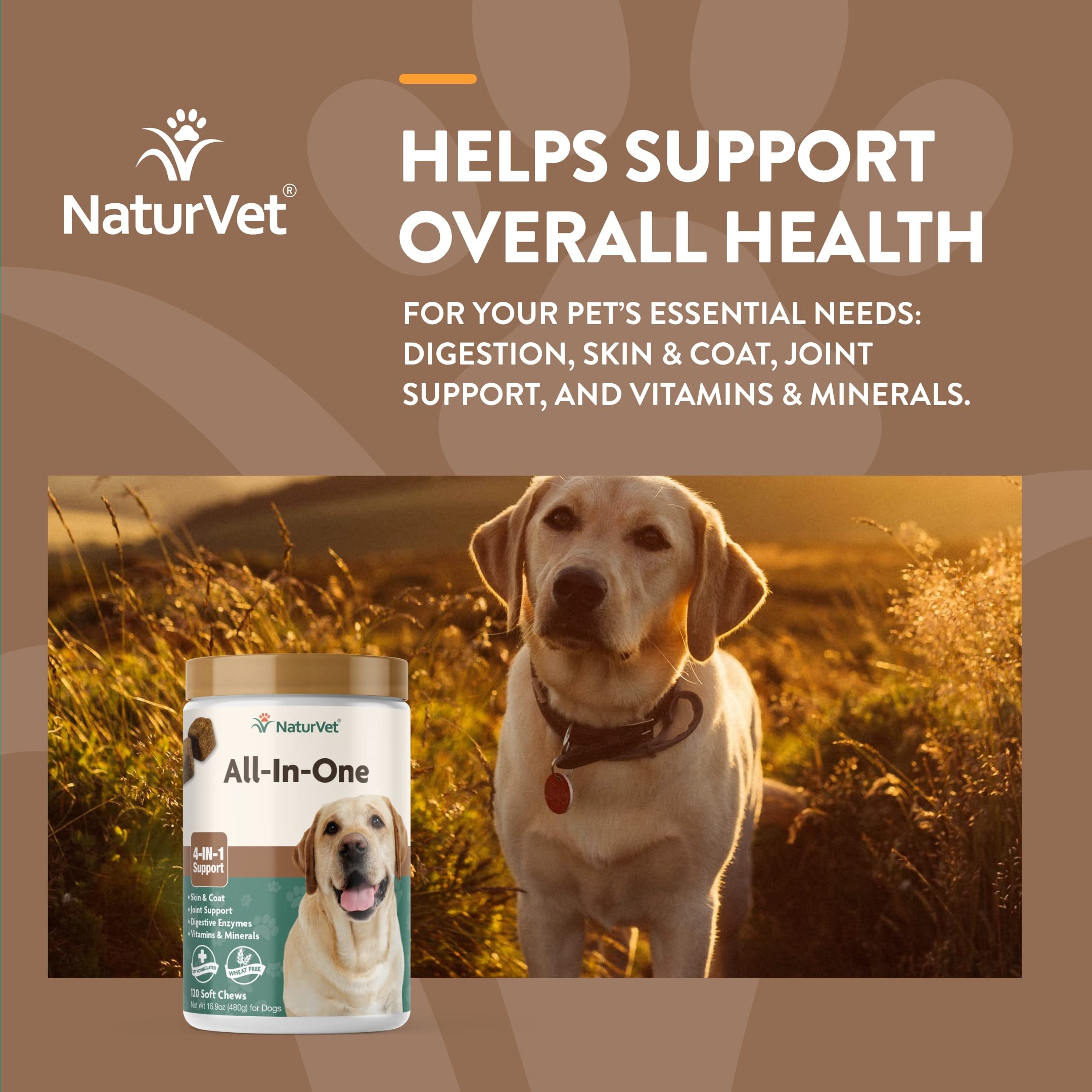 NaturVet All-in-One Dog Supplement - for Joint Support, Digestion, Skin, Coat Care – 120 Soft Chews & No Scoot for Dogs - 120 Soft Chews - Supports Healthy Anal Gland & Bowel Function