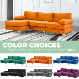 Casa Andrea Milano L-Shape Velvet Fabric Sectional Sofa Couch with Extra Wide Chaise, Couch for Living Room Apartment Lounge, Orange