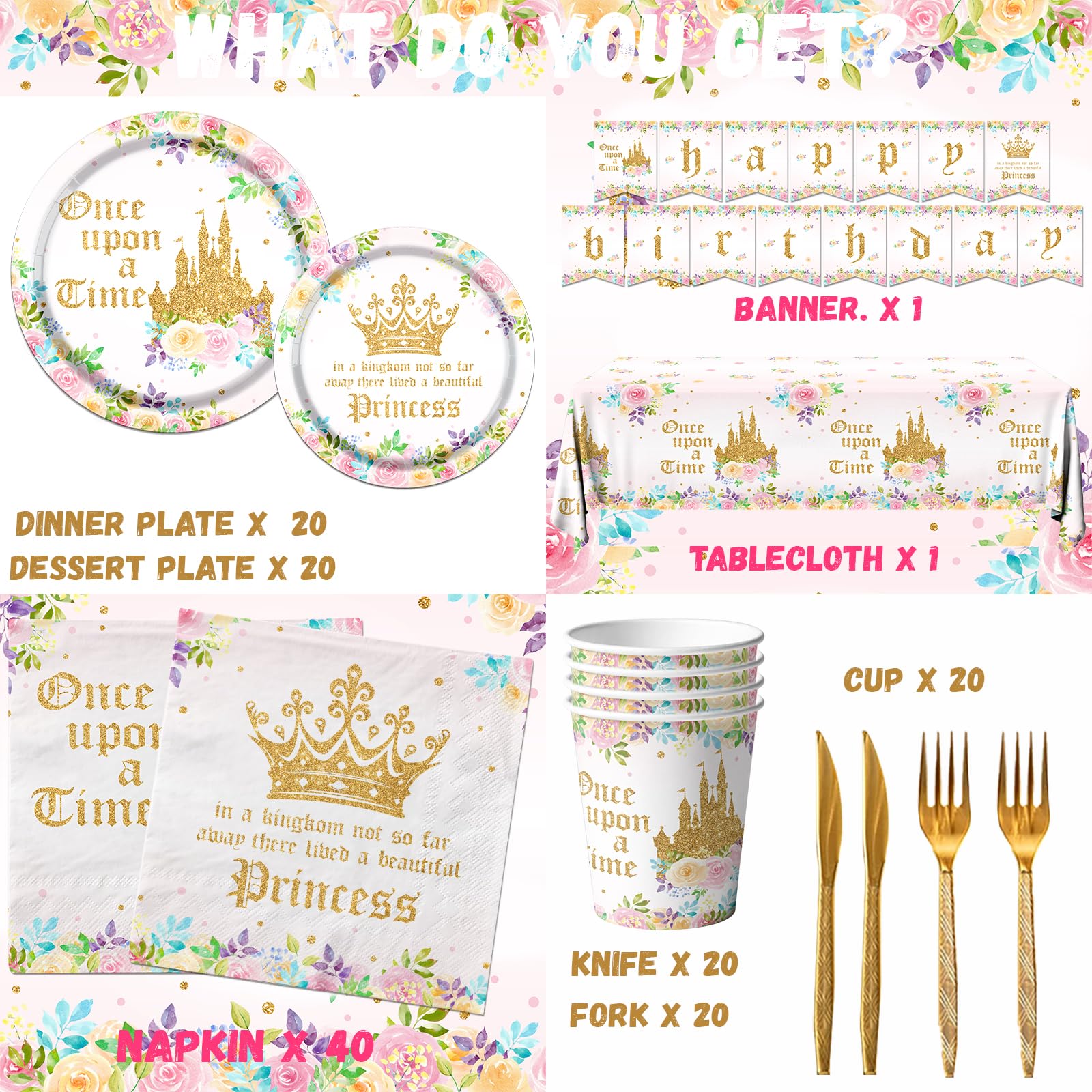 Dydamud Princess Castle Birthday Party Decoration, Once Upon a Time Pink Floral Tableware Include Princess Party Plates and Napkin Sets for Girls Birthday Party, Baby Shower