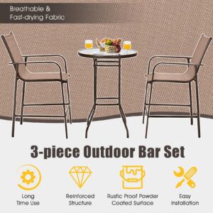 Tangkula 3 Pieces Outdoor Patio Bar Set, Outdoor Bistro Set with 2 Bar Stools and 1 Tempered Glass Bar Table, Bar Height Patio Table and Stools Set for Backyard, Garden, Lawn (Coffee)