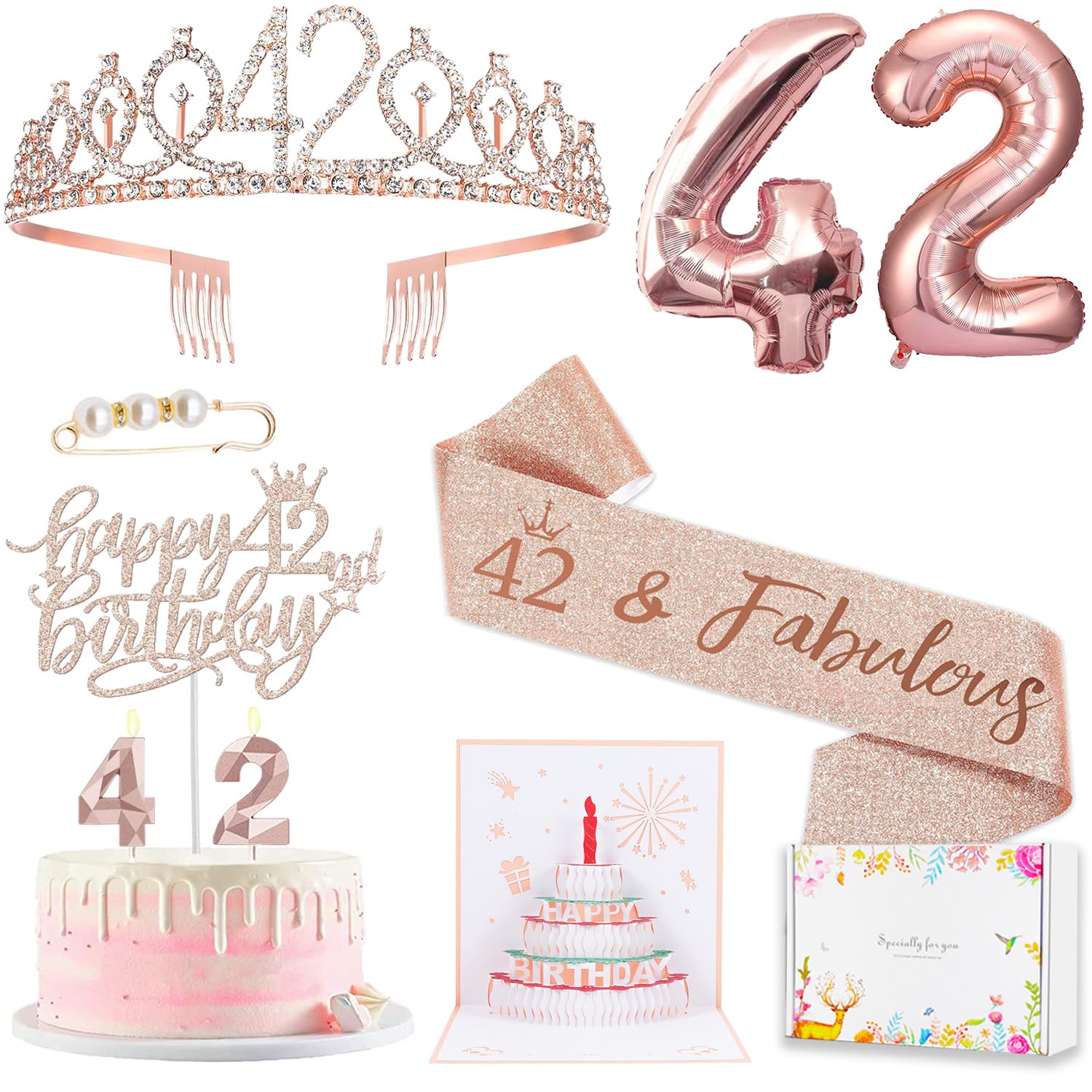 42nd Birthday Decorations for Her Women, Including 42 year old Birthday Cake Topper, Birthday Queen Sash with Pearl Pin, Sweet Rhinestone Tiara Crown, Number Candles and Balloons Set, Rose Gold