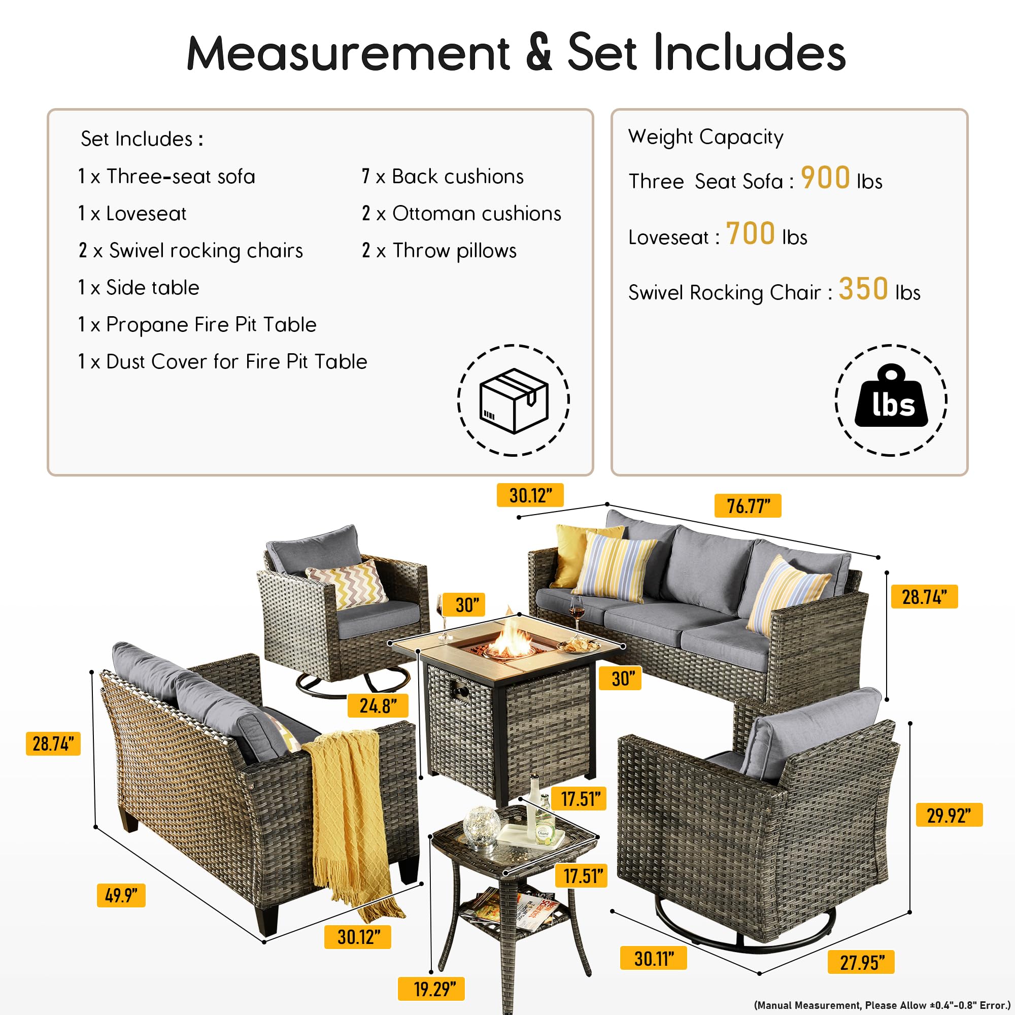 HOOOWOOO Patio Outdoor Conversation Set with Fire Pit Table,6 Piece Modern Outside Furniture with Swivel Rocking Chairs,PE Wicker Out Door Furniture Sofa Set(Dark Grey)