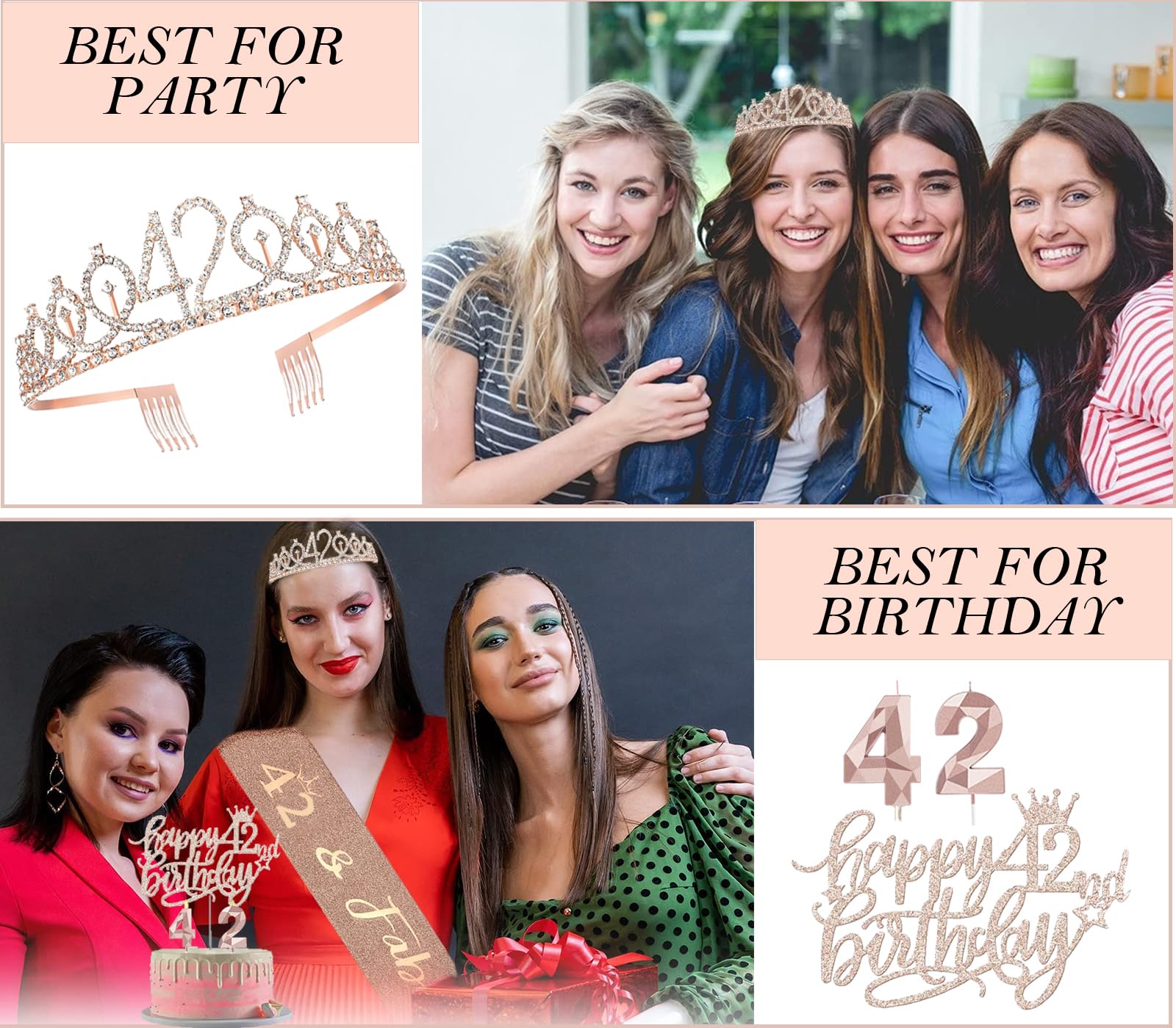 42nd Birthday Decorations for Her Women, Including 42 year old Birthday Cake Topper, Birthday Queen Sash with Pearl Pin, Sweet Rhinestone Tiara Crown, Number Candles and Balloons Set, Rose Gold