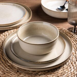 GBHOME Ceramic Dinnerware Sets for 4, 12 Pieces Stoneware Plates and Bowls Sets, Chip and Scratch Resistant Dishes, Dishwasher & Microwave Safe, Reactive Glaze-Cappuccino